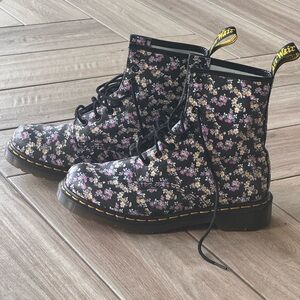 Dr. Martens Black Floral Lace-Up Boots with Pink & Cream Flowers